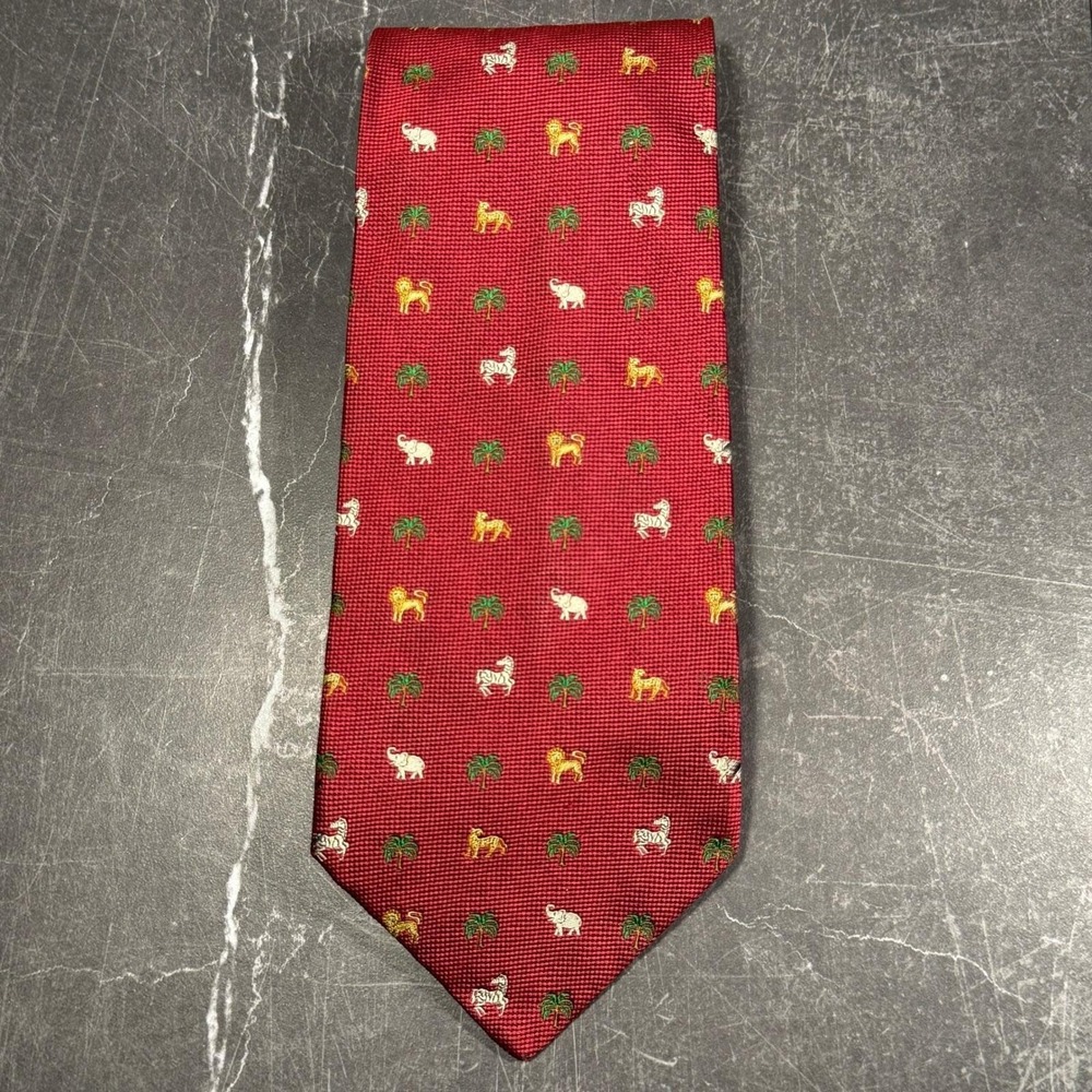 Vintage (90s) Salvatore Ferragamo Mens Tie | Burgundy Silk Safari Animal Print